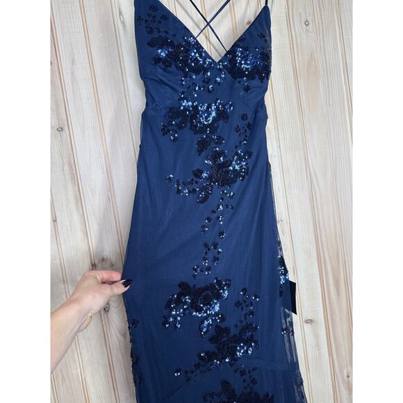 NWT Lulus Valhalla Navy Blue Sequin Lace-Up Maxi Dress Banquet Gala NYE Glam L - Picture 5 of 10